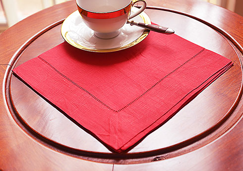 Red Linen Hemstitch Dinner Napkin. 20x20". All Linen - Click Image to Close